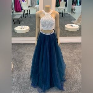 Size 0. midnight. 2 piece. ballgown. beaded halter top. beaded waist.